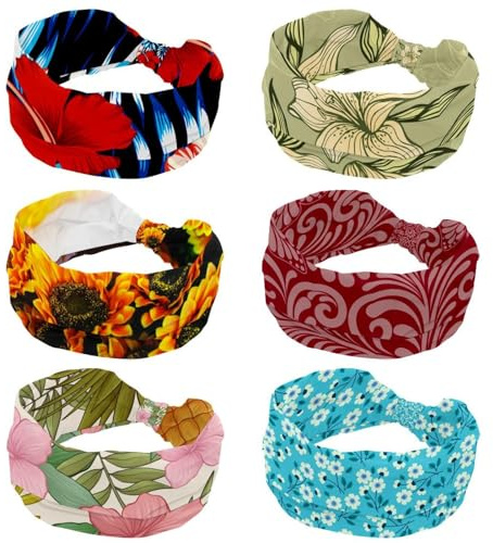 6 Pack Green Lily Flowers Hand Drawn Stretchy Headbands for Women, Absorbed Sweat Sport Yoga Workout Headband, Soft Wide Hairband, Twist Knotted Hairwrap