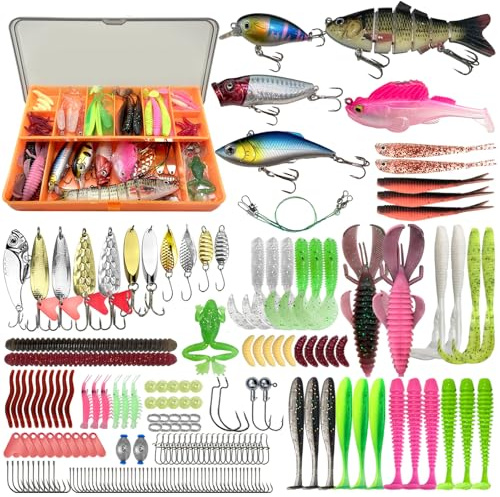 Fishing Lures - Fishing Kit Included 193Pcs Fishing Accessories and Tackle Box, Frogs, Minnows, Soft Baits, Hooks & Weights Accessories Gear Gift for Men Freshwater Bass Trout