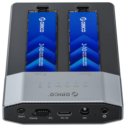 ORICO 20Gbps Dual-Bay M.2 NVMe SSD Docking Station, Tool-Free Aluminum External Enclosure with Offline Clone Function for NVMe M.2 Drives | M.2 Duplicator Docking Station USB 3.2 Gen 2x2 Aluminum Hard Drive Cloner with Standalone Offline Clone Function for M.2 SSD