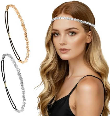 Fascia Capelli Donna Sequin, 2PCS Fascia Sottile Elastica Taglia, Catena per La Testa Stile Bohémien in Paillettes, Accessorio Headband Vintage Elegante per Matrimonio, Festa, Serata, Cosplay (A)