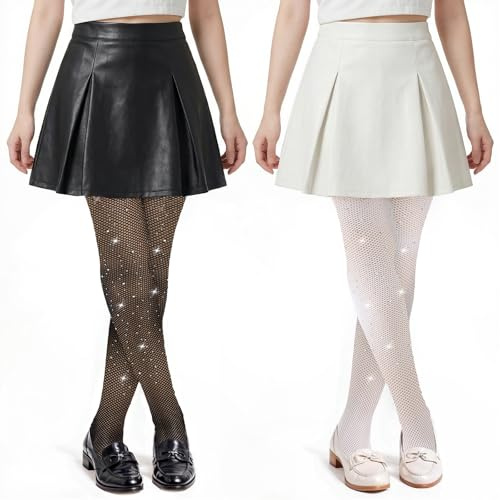 Confezione da 2 collant da ragazza, con brillantini, per balletto, neri, per bambini, con brillantini, colore bianco, con strass, per balletto di Halloween