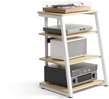 FITUEYES Design Soporte para Tocadiscos de Madera, Mueble HiFi con Luces LED y Tomas de Corriente, Mueble para Vinilos con Estante Ajustable, 66 × 65 × 81 cm, Carga Máx. 50 kg