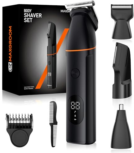 MAXGROOM Intimrasierer Mann, 4-IN-1 Rasierer Herren Intimbereich Wasserdicht, Nass-Trocken Körperrasierer Herren mit LED-Anzeige, Rasierer Herren Elektrisch für Intimbereich Brust Achseln Leiste Hoden