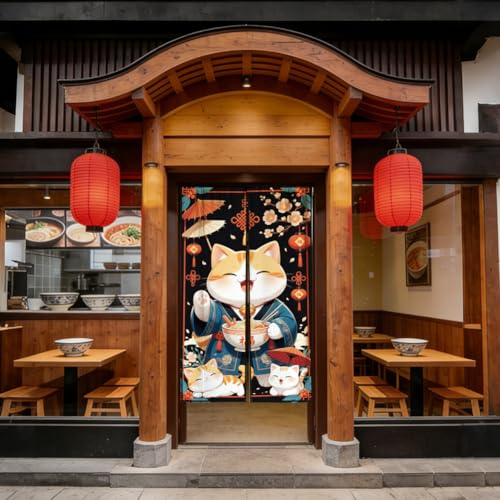 CONCHLERY Türvorhang Japanische Elemente Muster, Leinen, Orange Katze Ramen Laterne Design, Raumteiler für Küche Fenster Schlafzimmer, 150x85 cm