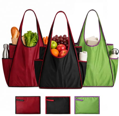 LUBEWISE 3 Stück Einkaufstasche Faltbar, Große Strandtasche, Wiederverwendbare Einkaufsbeutel mit Seitentaschen, Nylon Strandtasche, Waschbare Wasserdicht Shopping Bag für Einkauf, Strand, Reisen