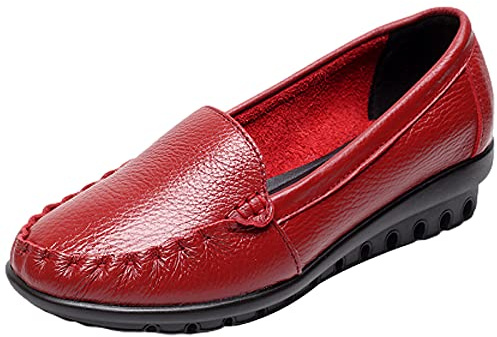 ANUFER Dam mjuk slip-on äkta läder liten kilklack casual loafers promenadskor, Röd, 39 EU