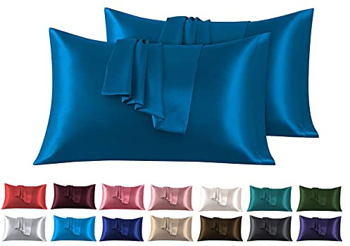 Set di 2 Federe in Raso 50 x 80 cm Blu Marina, Federa Cuscino Letto Morbida e Setosa al Tatto, Chiusura a Busta, Antiacaro e Ipoallergico, Protezione Capelli e Pelle & Antirughe