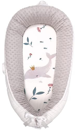 EAQ Babynest Nestchen Baby Weiches Atmungsaktives baby bett für Neugeborene Geschenk 100% Baumwolle Baby Erstausstattung Neugeborene (Wal hellgrau)