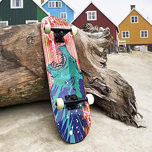 Skateboard Wolf Rot Blau Skateboard Kinder ab 8 Jahre 80x20cm 7-Lagigem Ahornholz Longboard Double Kick Komplett für Anfänger Jungen Mädchen Erwachsene Profi Penny Board
