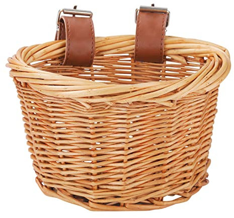 Alacritua Rattan Kinderfahrradkorb - Handgewebter Lenkerkorb mit 2 verstellbaren Lederriemen für 12 Zoll Laufrad