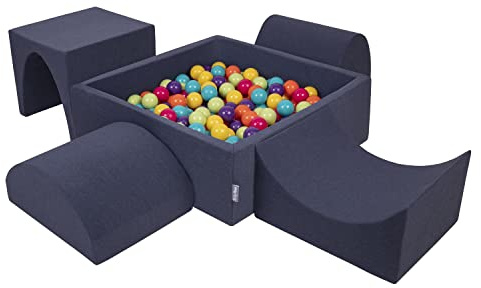KiddyMoon Spielplatz Aus Schaumstoff Mit Quadrat Bällebad (300 Bälle) Ballgruben Für Babys Spielbad Hindernisläufen, Hergestellt In Der EU, Dunkelblau:Helgrün/Gelb/Türkis/Orange/Dpink/Violet