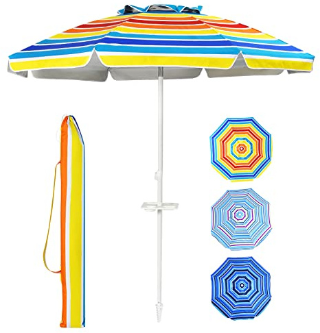 RELAX4LIFE Sonnenschirm Strand, 30° knickbar, Strandschirm Windfest Stabil, Ø220cm Rund Gartenschirm, Terrassenschirm mit Getränkehalter & Bodenhülse & Schutzhülle, Balkonschirm Sonnenschutz (Bunt)