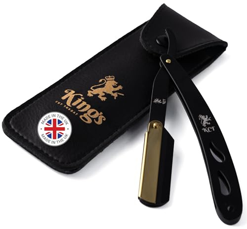 Cut Throat Razor for Men by The Kings Cutthroat® - Men’s Cutthroat Shaving Black & Gold Steel – Leather Travel Pouch & Velvet Kit Bag Included – Essential Male Grooming Accessory for Beards NO Blades