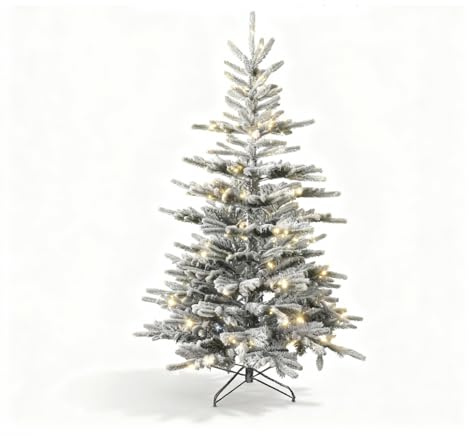5Ft/1.5m Luxury Pre Lit Snow Flocked Christmas Tree Snow Covered Green Tips Hinged Branches Bushy Artificial Xmas Tree Home Snowy Decorations Warm White LEDs Lights