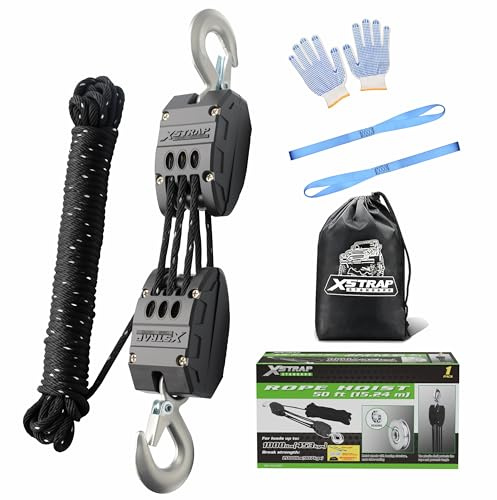 XSTRAP STANDARD Heavy-Duty 2,000LB Reflective Rope Hoist Pulley 50 Feet Wheel Block and Tackle System with 2PK 18 Inch Soft Loops for Animal Husbandry, Garage, Warehouse, Constructions, (AHLT0003)