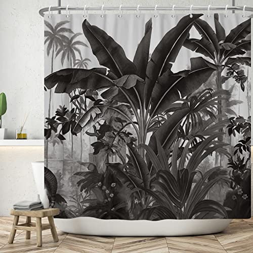 ASDCXZ Duschvorhang, Dschungel, 180 x 200 cm, tropische Pflanzenblätter, handbemalt, schwarz, waschbar, wasserdicht, aus Textil, für Badewanne, mit 12 Haken