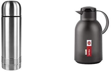 Emsa 618101600 Senator Isolierflasche, Thermosflasche, 1000ml, edelstahl & N40119 Samba Isolierkanne |1,5 Liter | Quick Press Verschluss | 12h heiß und 24h kalt | Transluzent Schwarz