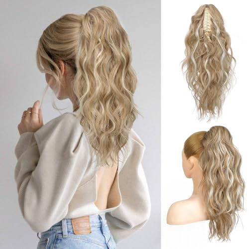 FLUFYMOOZ Ponytail Extension Pferdeschwanzverlängerung, 46 cm Klauenclip Pferdeschwanzverlängerung, gewellte lockige Klauenclip in Pferdeschwanz Haarverlängerungen (Honigblond mit Highlights)