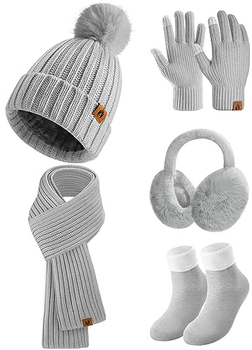 Niwicee Mütze Schal Handschuhe Damen Winter Set Dicke Socken Plüsch Ohrenschützer Kombi Strickmütze Gestrickte Schal Wärmer Fleece Gefütterte Geschenke -Grau-