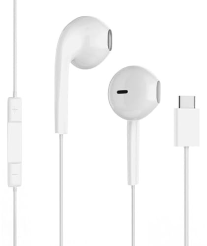 USB-C In-Ear Headphones with Microphone – Wired Type-C Earbuds Hi-Fi Stereo, Noise Reduction & Volume Control – Compatible with USB-C Devices Sam-sung & Pixel (White)
