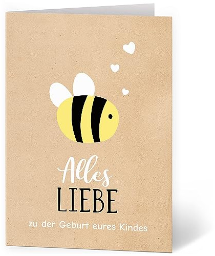 XXL Glückwunschkarte (A4) zur Geburt Biene Herzen - hochwertige Klappkarte | Große Design Maxi Karte Grußkarte Glückwunsch mit Umschlag Geboren Baby Eltern