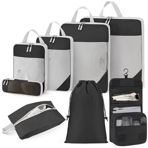 Koffer Organizer Kompression 8-teiliges Set Packing Cubes Compression Packwürfel Kompression Kofferorganizer Packtaschen Reise Gadgets Travel Essentials (Schwarz)