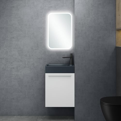 doporro Mobile Bagno Sospeso 46 cm con lavabo in Marmoresina e Specchio 40x60 cm, Colore Bianco opaco, 1 Anta, Mobile Sottolavabo Moderno, Arredo Bagno Serie Pisa