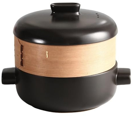 RSBFER Cazuela Japonesa, cazuela de cerámica, Olla de Barro, Olla para guisar al Vapor con Cesta vaporera, Antiadherente, Resistente al Calor,Negro,0.5L
