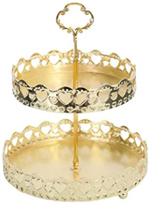 Soporte para Tartas de Frutas Plato para Servir Dorado de 2 Niveles Tazón Grande para Frutas y Pastelería Tazón para Dulces Bandeja Redonda Decorativa para Servir para (Corazón