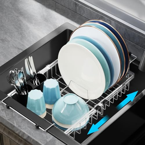 GSlife Dish Drying Rack Over the Sink - Expandable Stainless Steel Heavy Duty Dish Drainer for Small Kitchen Apartment, Space Saving Sink Rack with Secure Lock Knob and Utensil Holder, Silver