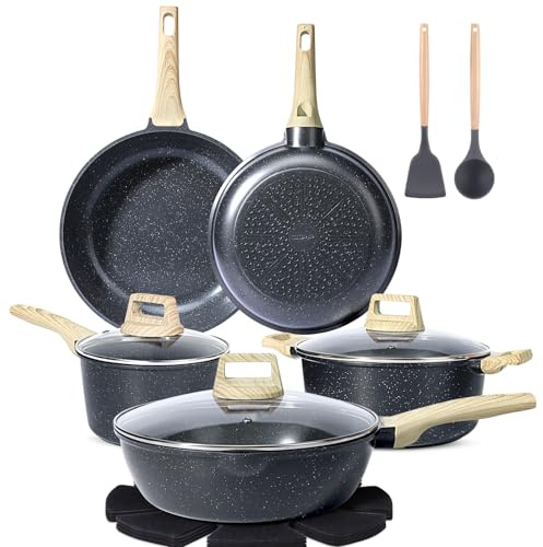 GiPP Lot de 10 casseroles et poêles antiadhésives en granit blanc pour induction avec poêles, casseroles et ustensiles en silicone, sans PFOS et PFOA, gris