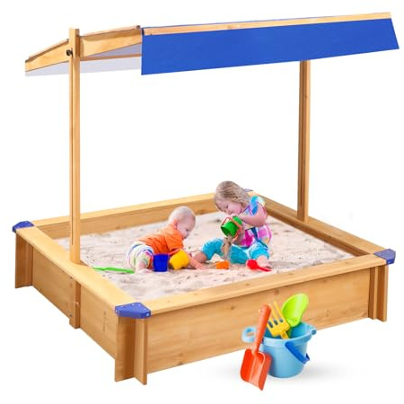 Tatub Kids Sandbox with Cover, Large Outdoor Sandbox with Canopy Height Adjustable, Sand Pit for Backyard Play, Wooden Sand Box for Kids Ages 4-8, for Children