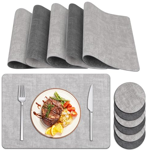 Tischsets Abwaschbar und Untersetzer, Zweifarbig Platzsets Abwaschbar Lederoptik Fleckabweisend Platzdeckchen Abwischbar mit Untersetzer Waschbar (Grau Hellgrau, 6er Set)