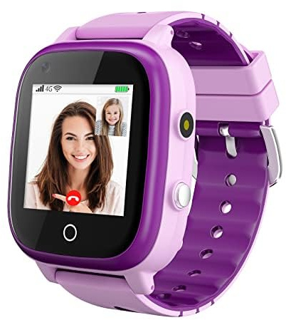 OKYUK 4G Smartwatch für Kinder mit SIM-Karte, GPS-Tracker, mehrere Desktop-Stile zur Auswahl, Zwei-Wege-Anrufe, SOS, WLAN, wasserdichter Touchscreen für 4–12 Jungen und Mädchen (T5 Lila)