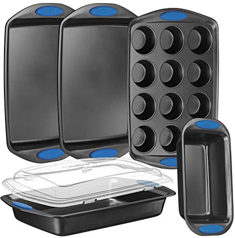 NutriChef 6-Piece Baking Pan Set - Carbon Steel Stackable Bakeware with Blue Silicone Handles & Nonstick Coating, Includes Cookie Sheets, Roaster Pan with Lid, Loaf Pan, and 12 Cup Muffin Pan (Gray)