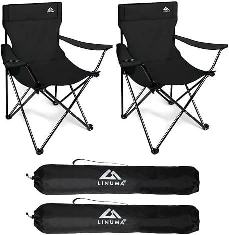 LINUMA® 2er Set - Faltstuhl SCHWARZ Campingstuhl Anglerstuhl mit Getränkehalter & Tragetasche - Anglersessel klappbar - Klappstuhl Gartenstuhl Faltstuhl Relaxsessel Angelsessel faltbar