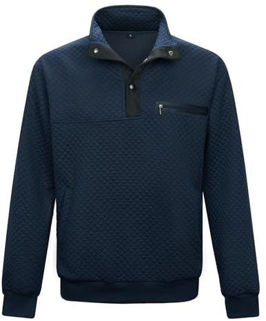 MANLUODANNI Pullover Herren Langarmshirt Herren Sweatshirt Longsleeve mit Taschen Klassisch Pullover Karierten Jacquard Sweatshirt Navy 2XL