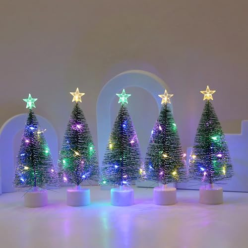 Mini Künstlicher Weihnachtsbaum mit LED Lichterketten Weihnachtsdeko Tisch Tannenbaum Klein Miniatur Christmas Tree mit Beleuchtung Tabletop Christbaum Weihnachtsbäume Weihnachten Tischdeko (5 Stück)