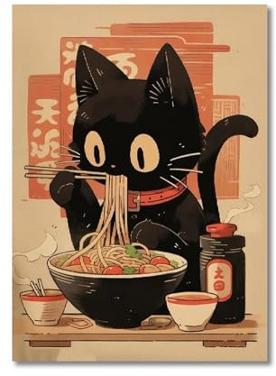 XENITE Wandkunst-Leinwanddrucke Kawaii Japanische Ramen Tier Katze Leinwand Drucke Gemälde Home Decor Nudeln Essen Wand Kunst Poster Küche Zimmer Dekoration(G,20x30cm)