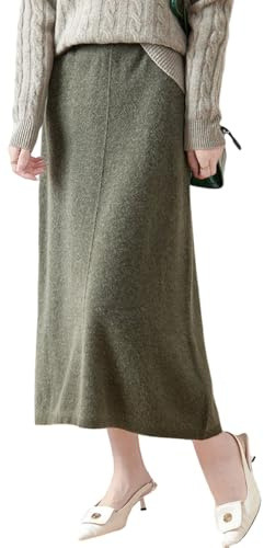 Ailaile Falda de longitud media para mujer, para otoño e invierno, 100 % lana merino, falda larga acanalada, elástica, lisa, casual, cálida, Verde oliva, M