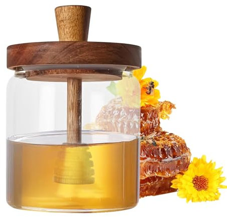 Rrlihjgu Barattolo di miele, barattolo di miele in vetro - Dispenser per contenitori per miele con coperchio in legno,Vasetti per miele da 500 ml Barattolo per miele in vetro Contenitori per miele per