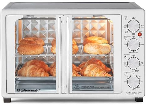 Elite Gourmet ETO4524 45L Countertop Convection Toaster Oven, French Doors, Adjustable Temperature & Timer, Bake, Roast, Broil, Toast, Includes Baking Pan, Rack, Rotisserie, Stainless Steel