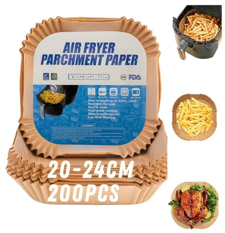 Papel para Freidora de Aire 200 unidades 20x20 cm | Moldes Antiadherentes Desechables | Apto para Air Fryer de 5-8L | Cocina sin Esfuerzo y sin Suciedad.