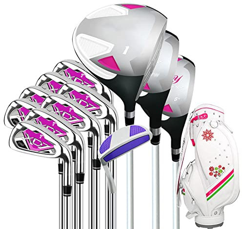 XSDAJSD Ensemble Complet de Clubs de Golf pour Femme, pour droitier, Manche en Carbone, Lot de 12, avec Sac Chariot