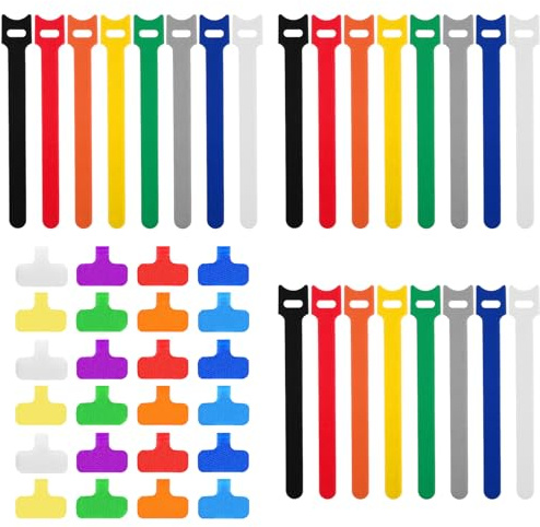 Juego de 48 etiquetas multicolor para cables y bridas de sujeción reutilizables, etiquetas de cable para electrónica con 24 etiquetas adhesivas de alambre + 24 bridas para administración