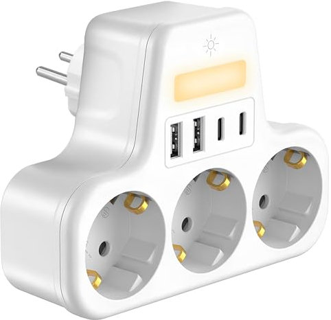 Zelkan Ladron Enchufes con USB y Luz Nocturna - Regletas Enchufes con 3 Tomas de Corriente en Horizontal - 2 USB-A, 2 USB-C - Regleta con Enchufe Multiple para Pared sin Cable - Base enchufes multiple
