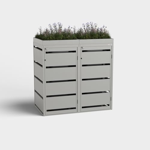BIO Stefan® Dagobert Mülltonnenbox 2er Set für 120L mit Pflanzendach | verzinkter Stahl | robuste Mülltonnenverkleidung | Müllbox, Müllhaus | verwendbar als Paketbox | Box für Mülltonnen
