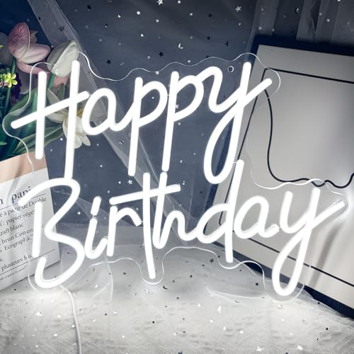 Happy Birthday Neon Schild, LED Neonlicht Schilder, USB Betrieben Dimmbare Party Leuchtreklame, Wiederverwendbar Happy Birthday Leuchtschild für Wanddekoration, Geburtstagsfeier Deko, 40 x 33cm (Weiß)