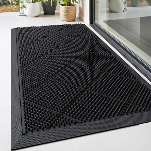 DEXI Door Mat, Non-slip Heavy Duty Dirt Scraper Outdoor Mats with Drainage Holes, Waterproof Low Profile Doormats Outside for Entrance, Patio, Garden, 43 x 90 cm, Black