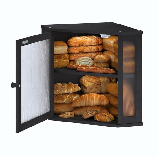 Furshus Corner Bread Box for Kitchen Countertop,Bread Storage for Homemade Bread, Double Layer Large Bamboo Kitchen Storage Bin with Window (Black, Medium)